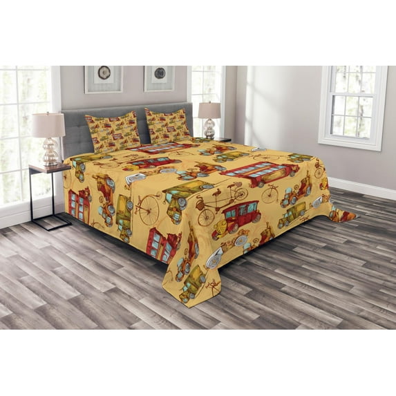 Ambesonne Cars Quilted Bedspread Set 3 Pcs, Steampunk Vintage Vehicle, King Size, Mustard Red Olive Green