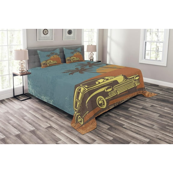 Ambesonne Cars Quilted Bedspread Set 3 Pcs, Vintage Ride on the Beach, Queen Size, Pale Yellow Dark Orange