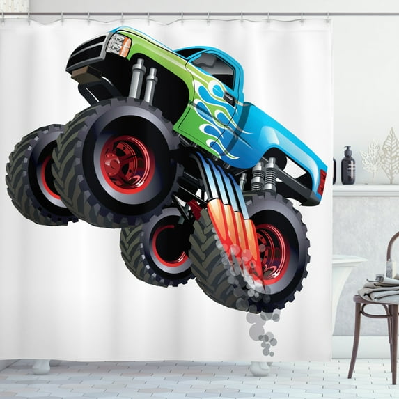 Ambesonne Cars Shower Curtain, Monster Truck Cool Cartoon, 69"Wx75"L, Aqua Green Black
