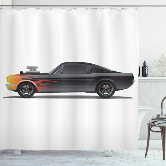 Ambesonne Cars Shower Curtain, Retro Supercharger Vehicle, 69"Wx70"L, Charcoal Grey Orange