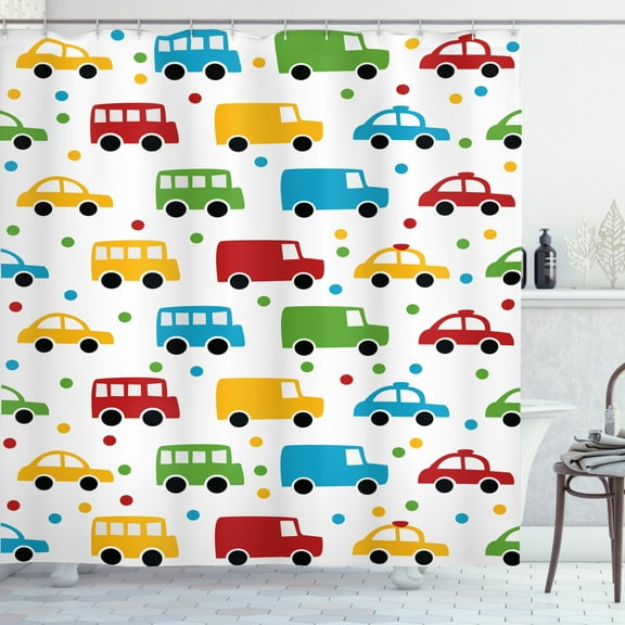 Ambesonne Cars Shower Curtain, Vivid Bus Taxi Automobiles, 69"Wx70"L, Multicolor