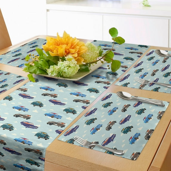Ambesonne Cars Table Runner & Placemats, Abstarct Design Retro Ride, Placemat 4 pcs + Runner 12"x72", Pale Blue Teal Umber