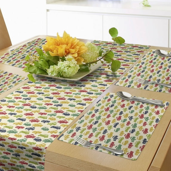 Ambesonne Cars Table Runner & Placemats, Curved Edged Vehicle Drawn, Placemat 4 pcs + Runner 14"x72", Dark Blue Red Fern Green