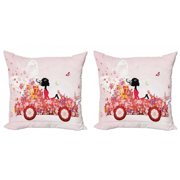 Ambesonne Cars Throw Pillow Cover 2 Pack, Girl on a Car Floral Box, 24", Pink Dark Coral Black