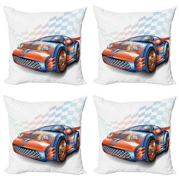 Ambesonne Cars Throw Pillow Cover 4 Pack, Cartoon Style Race Car, 18", Orange Blue Black