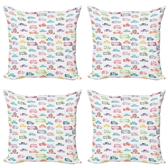 Ambesonne Cars Throw Pillow Cover 4 Pack, Colorful Funny Bus and Truck, 20", Multicolor