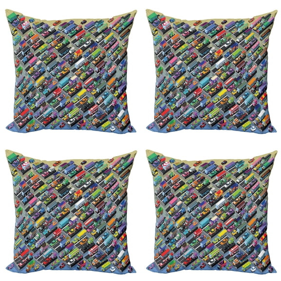 Ambesonne Cars Throw Pillow Cover 4 Pack, Detailed Vibrant Car Park, 18", Multicolor