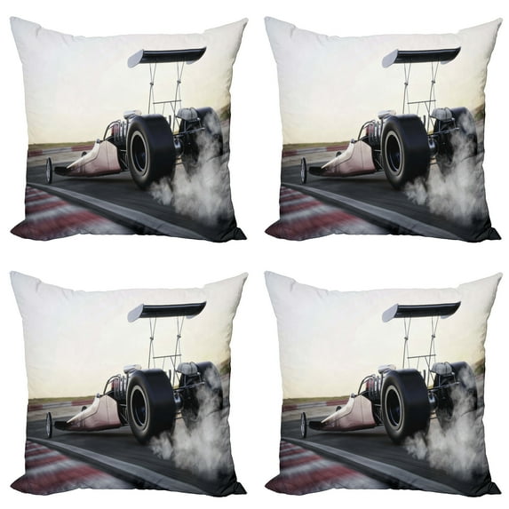 Ambesonne Cars Throw Pillow Cover 4 Pack, Dragster Racign down Track, 16", Grey Black White