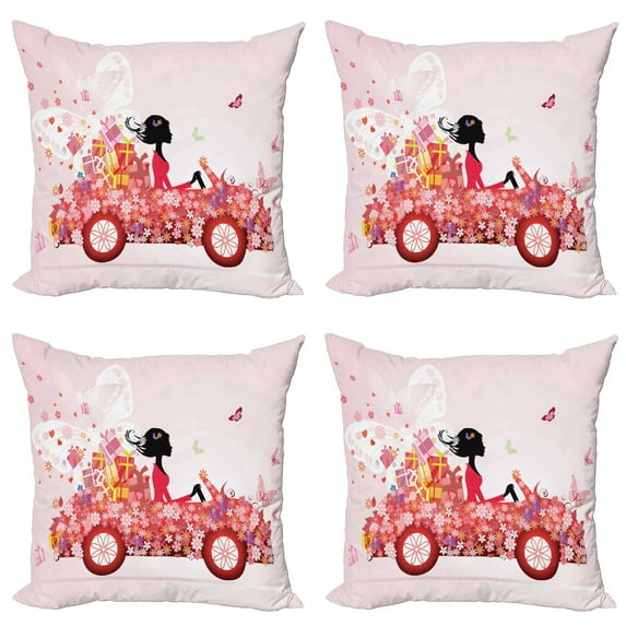 Ambesonne Cars Throw Pillow Cover 4 Pack, Girl on a Car Floral Box, 18", Pink Dark Coral Black