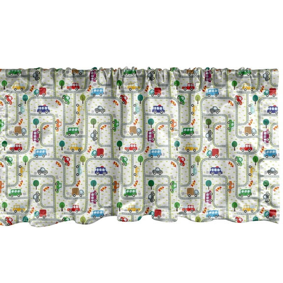 Ambesonne Cars Window Valance, Vibrant Children Drawing Cars Driving on the Roads Traffic Urban Themed Design, Curtain Valance for Kitchen Bedroom Decor with Rod Pocket, 54" X 12", Multicolor