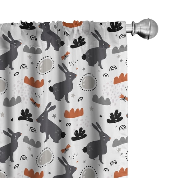 Ambesonne Cartoon 4-Panel Curtains, Bunnies in Forest Doodle, 56"x84", Burnt Orange Grey and White