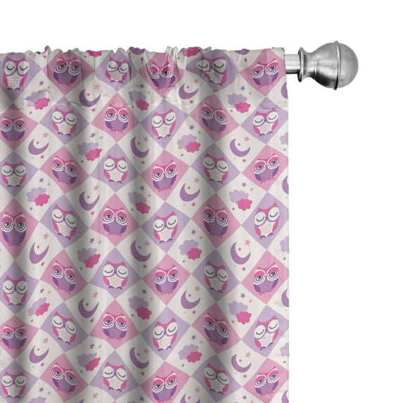 Ambesonne Cartoon Window Curtains, Checkered Pattern Owls Art, Each 28" W x 84" L, Purple and Pink