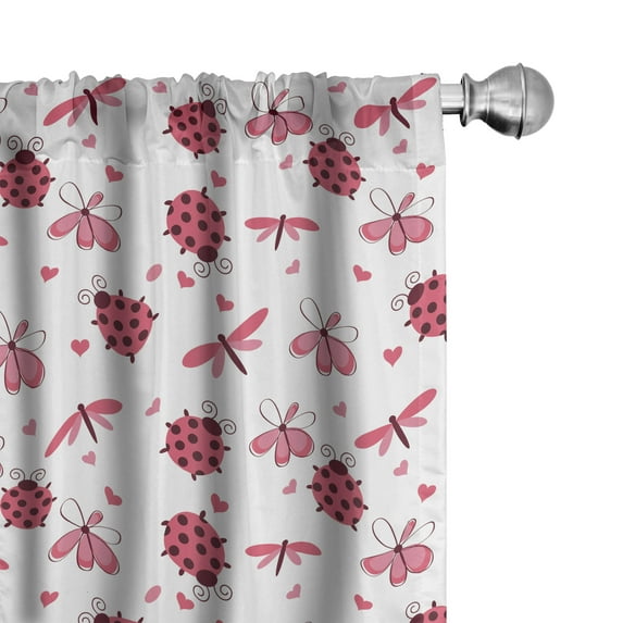 Ambesonne Cartoon Window Curtains, Dragonfly Ladybugs Hearts, Each 28" W x 95" L, White Pink