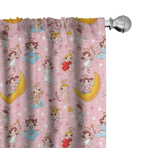 Ambesonne Cartoon Window Curtains, Fairies Music Cheerful Art, Each 28" W x 84" L, Earth Yellow and Pale Pink