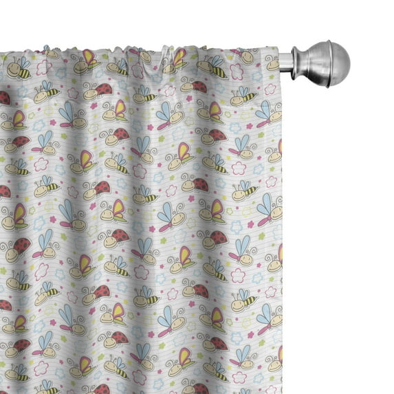 Ambesonne Cartoon Window Curtains, Flower Dragonfly Bugs, Each 28" W x 84" L, Pale Blue Pink Red