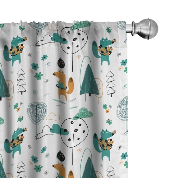 Ambesonne Cartoon 4-Panel Curtains, Funny Fox in the Forest, 56"x84", Teal Apricot and White