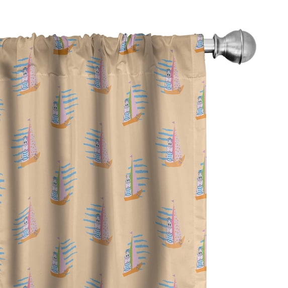 Ambesonne Cartoon Window Curtains, Funny Hippos Boat Sailing, Each 28" W x 84" L, Peach Pale Pink