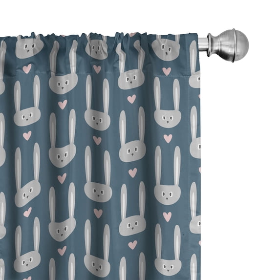 Ambesonne Cartoon Window Curtains, Funny Rabbit Faces Hearts, Each 28" W x 84" L, Dark Teal Pale Grey Rose