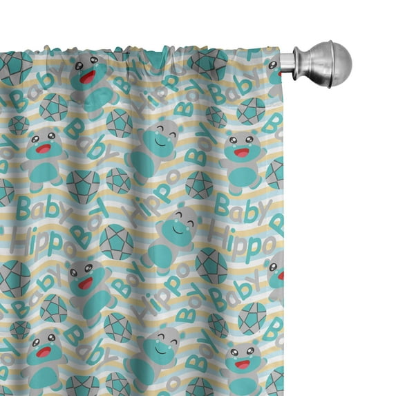 Ambesonne Cartoon Window Curtains, Hippo Pattern Funny Animal, Each 28" W x 84" L, Dark Seafoam Grey