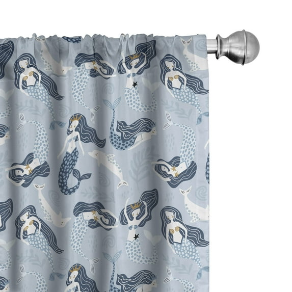 Ambesonne Cartoon Window Curtains, Mermaid Dolphin Motifs Art, Each 28" W x 63" L, Pale Blue Pale Coffee