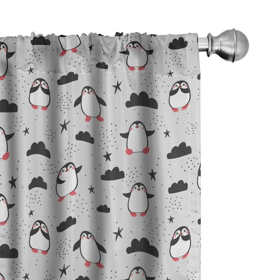 Ambesonne Cartoon Window Curtains, Penguins in Love Doodle Art, Each 28" W x 95" L, Dark Blue Grey and Black