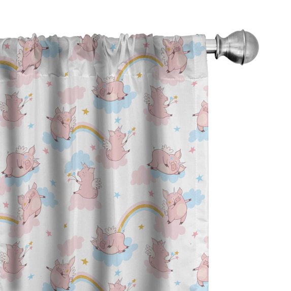Ambesonne Cartoon Window Curtains, Pig Unicorns and Wings, Each 28" W x 84" L, Pale Pink Pale Blue