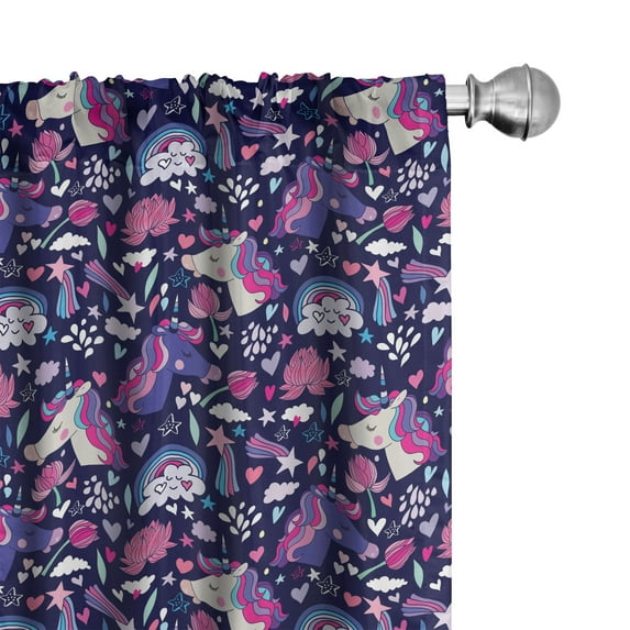 Ambesonne Cartoon Window Curtains, Unicorns Stars Hearts Art, Each 28" W x 84" L, Pink Blue Violet Indigo
