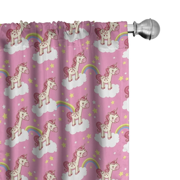 Ambesonne Cartoon Window Curtains, Unicorns on Clouds, Each 28" W x 95" L, Pink Yellow White