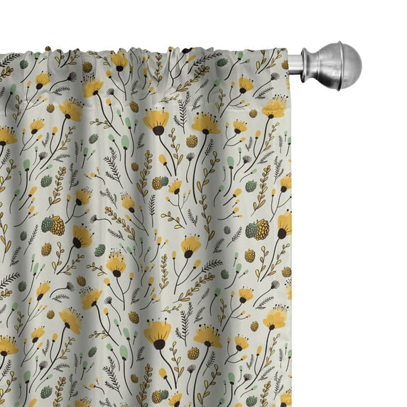 Ambesonne Cartoon Window Curtains, Yellow Spring Flowers, Each 28" W x 63" L, Yellow Sea Green Black