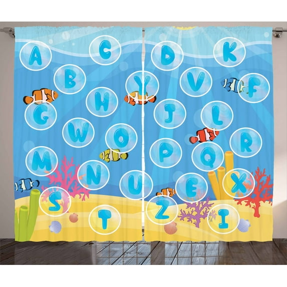 Ambesonne Cartoon Activity Curtains 2 Panel Set, Alphabet Letters, 108" x 108", Multicolor
