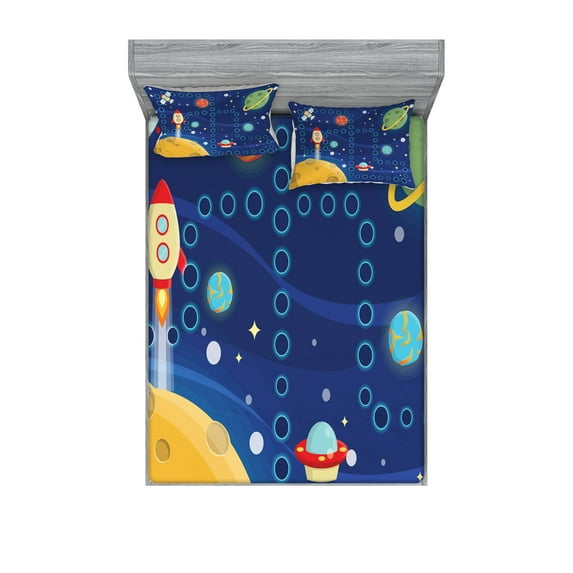 Ambesonne Cartoon Activity Fitted Sheet & Pillow Sham Set, Racing in Cosmos, Queen, Multicolor
