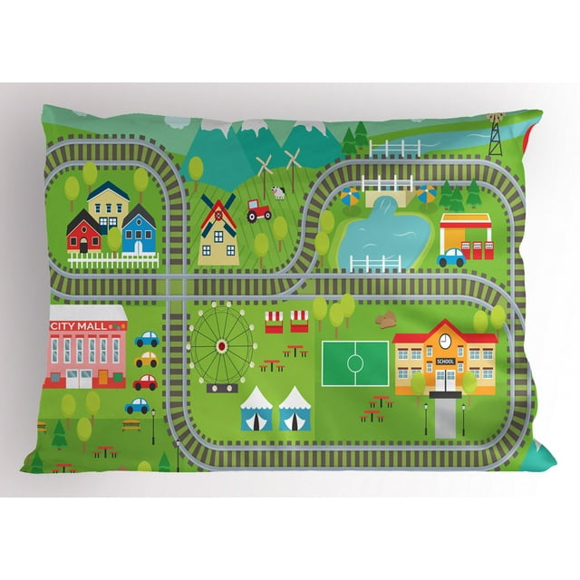 Ambesonne Cartoon Activity Pillow Sham, Train Tracks, 26" X 20", Multicolor