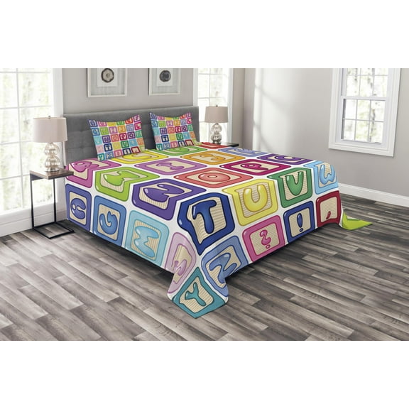 Ambesonne Cartoon Activity Quilted Bedspread Set 3 Pcs, English Alphabet, King Size, Multicolor