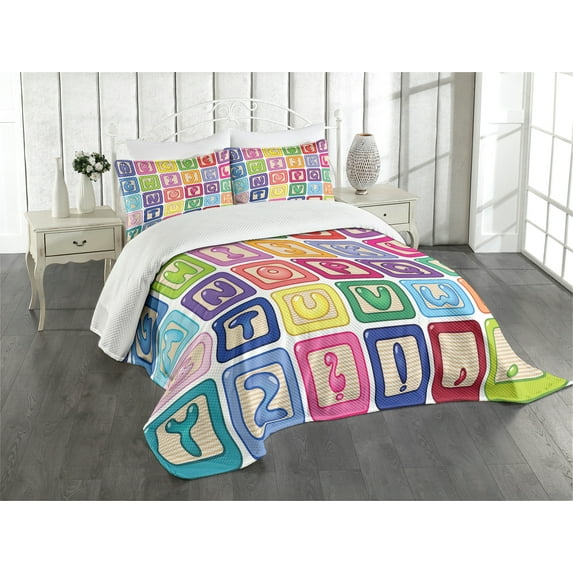 Ambesonne Cartoon Activity Quilted Bedspread Set 3 Pcs, English Alphabet, Queen Size, Multicolor