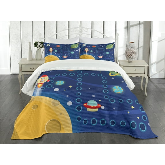 Ambesonne Cartoon Activity Quilted Bedspread Set 3 Pcs, Racing in Cosmos, King Size, Multicolor