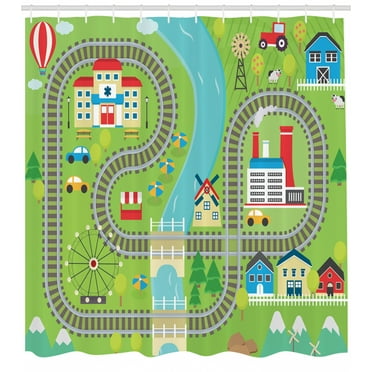 Ambesonne Cartoon Activity Shower Curtain, Country Town, 69"Wx70"L, Multicolor