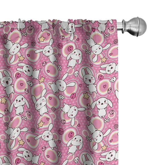 Ambesonne Cartoon Animal Curtains, Doodle Kawaii, Pair of 28"x84", Pink Peach White