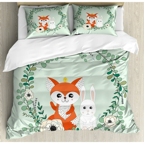 Ambesonne Cartoon Animal Duvet Cover Sets, Friends Fox Rabbit, 2-King, Pale Green Vermilion