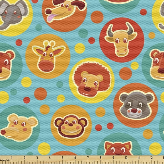Ambesonne Cartoon Animal Fabric by the Yard Upholstery, Comic Fun Faces, 5 Yards, Multicolor