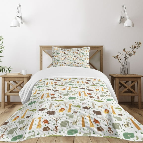 Ambesonne Cartoon Animal Quilted Bedspread Set 2 Pcs, Grunge African, Twin Size, Multicolor