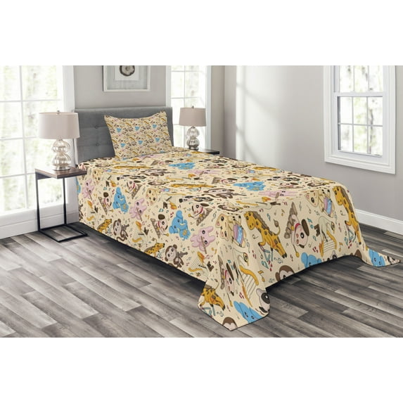 Ambesonne Cartoon Animal Quilted Bedspread Set 2 Pcs, Musician Mascots, Twin Size, Multicolor