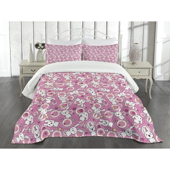 Ambesonne Cartoon Animal Quilted Bedspread Set 3 Pcs, 90s Bunny Pattern, King Size, White Peach Pink