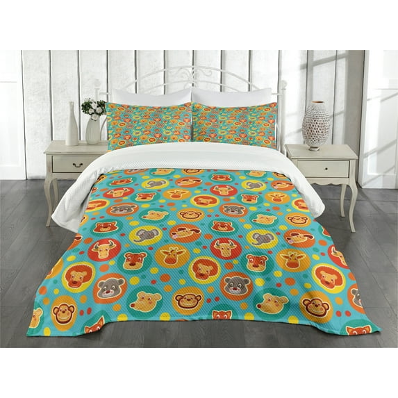 Ambesonne Cartoon Animal Quilted Bedspread Set 3 Pcs, Comic Fun Faces, Queen Size, Multicolor