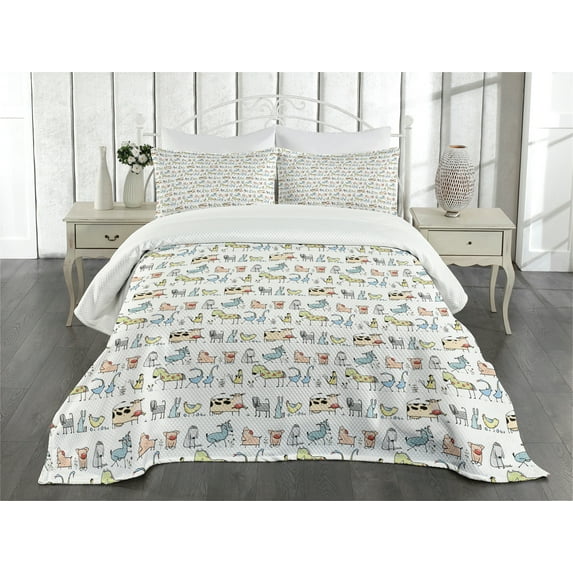 Ambesonne Cartoon Animal Quilted Bedspread Set 3 Pcs, Countryside Farm, Queen Size, Multicolor