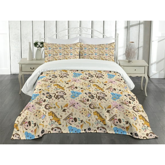 Ambesonne Cartoon Animal Quilted Bedspread Set 3 Pcs, Musician Mascots, King Size, Multicolor