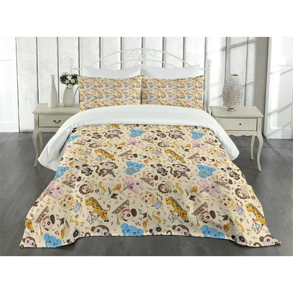 Ambesonne Cartoon Animal Quilted Bedspread Set 3 Pcs, Musician Mascots, Queen Size, Multicolor
