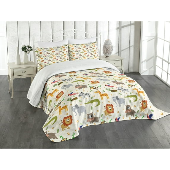 Ambesonne Cartoon Animal Quilted Bedspread Set 3 Pcs, Savannah Life Funny, King Size, Multicolor