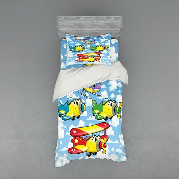 Ambesonne Cartoon Bedding Set 3 Pcs, Airplanes Sky, Twin XL, Multicolor