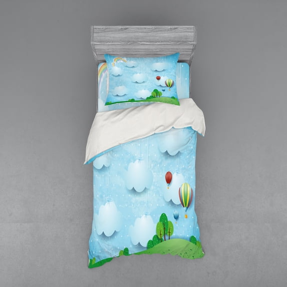 Ambesonne Cartoon Bedding Set 3 Pcs, Balloons Clouds Stars Hill, Twin XL, Multicolor