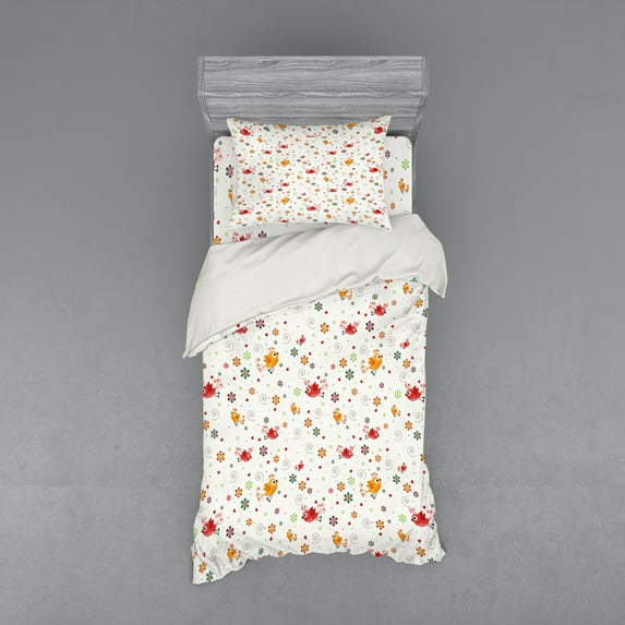 Ambesonne Cartoon Bedding Set 3 Pcs, Birds Swirls Flowers, Twin, Multicolor